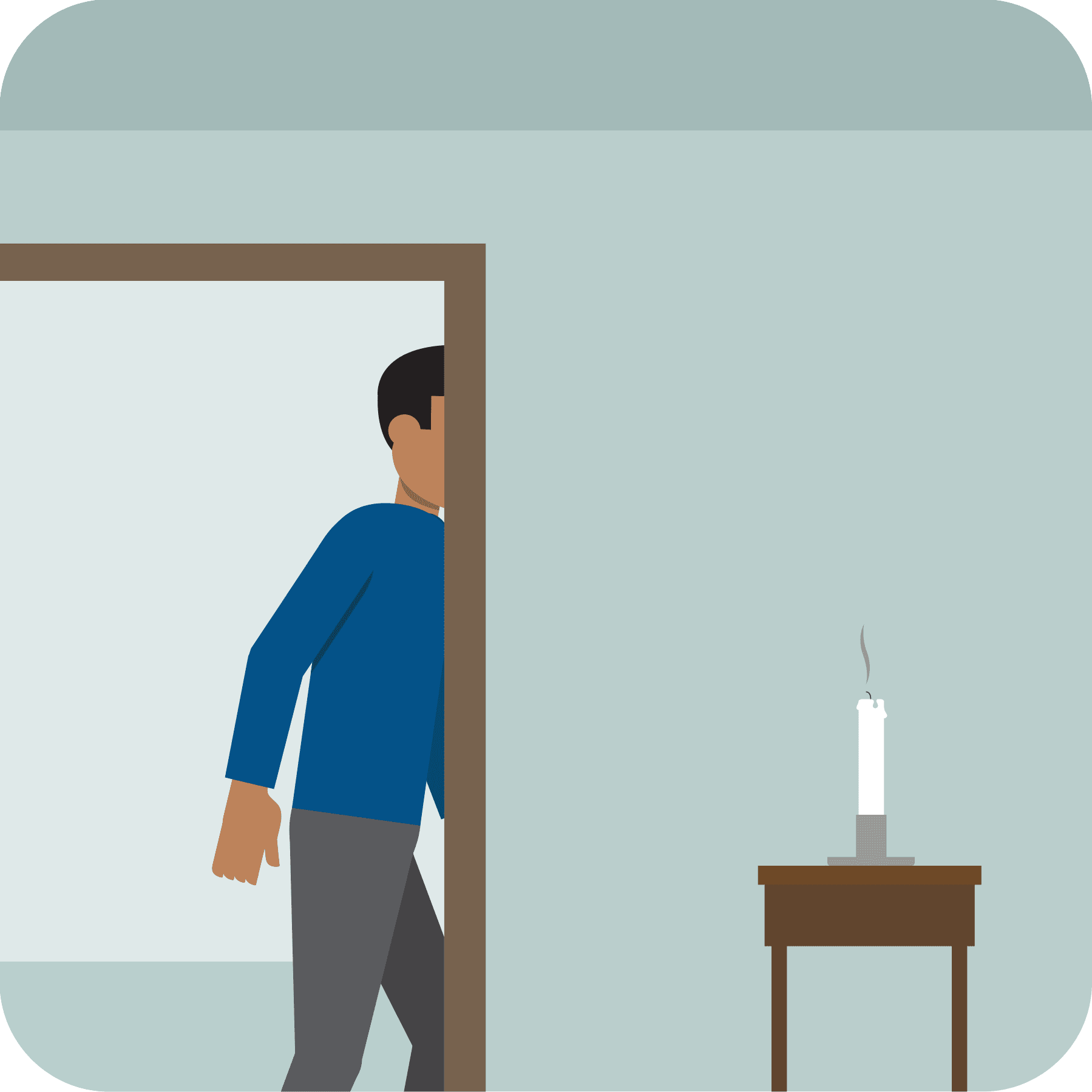 An extinguished candle and a man leaving a room.