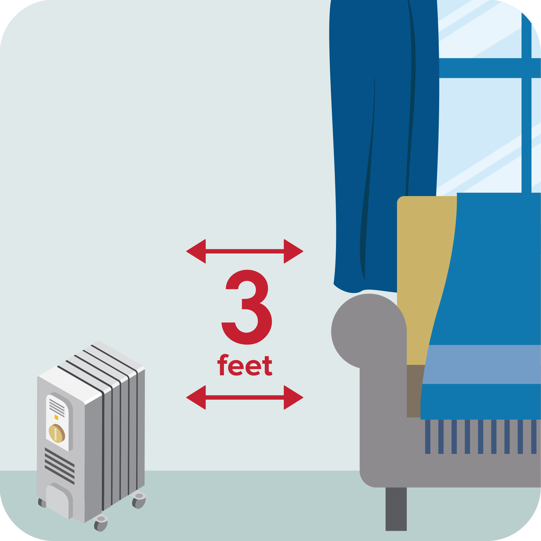 Furniture and curtains shown 3 feet away from a portable heater.