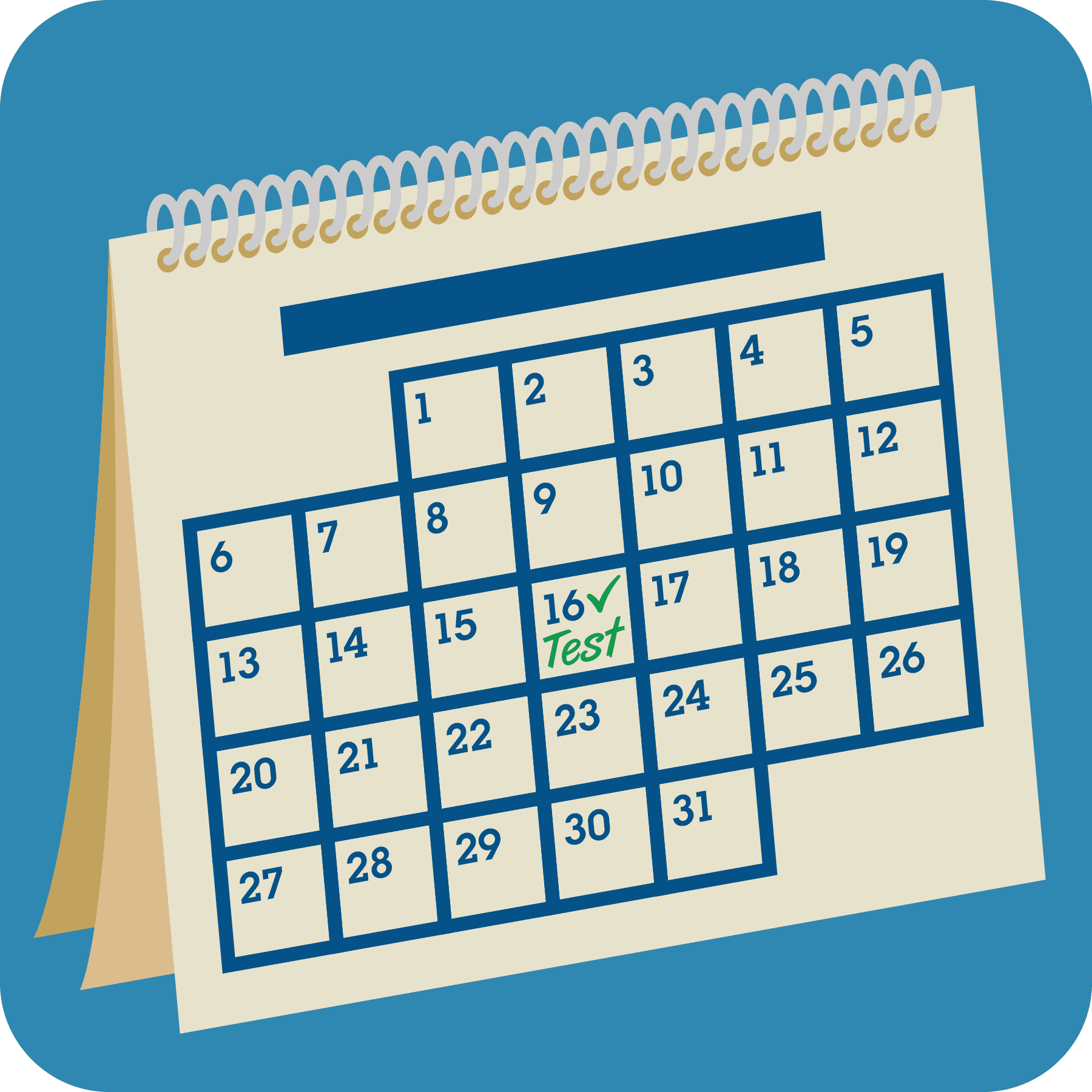 Calendar page with green check and test prompt on the 16th.