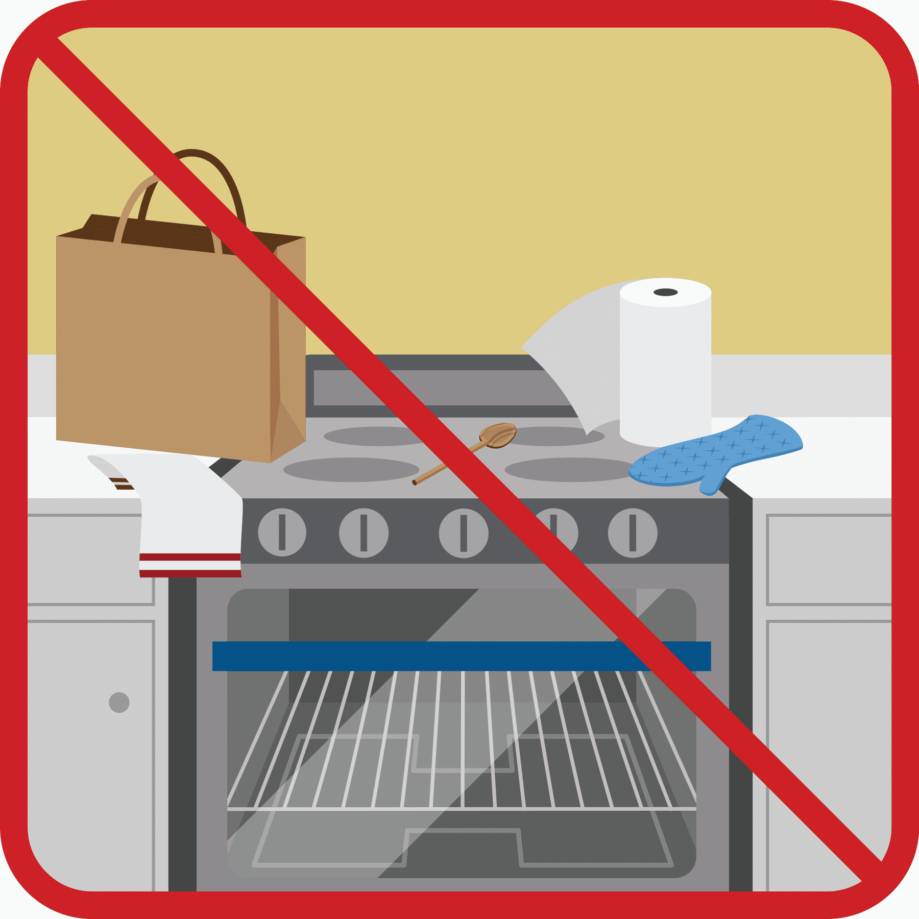 Bag, paper towels, wooden spoon, oven glove on a stove.
