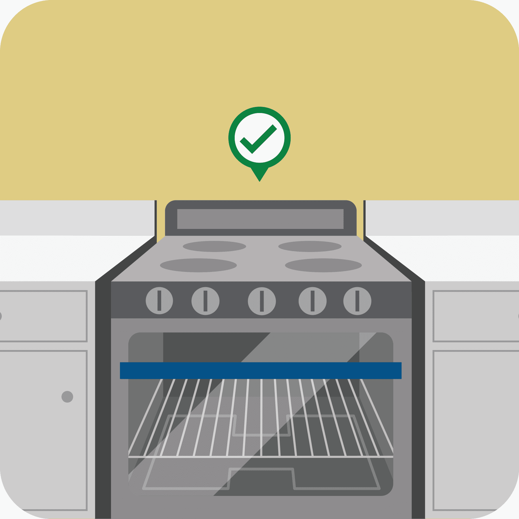 Oven with a green check on top of it.