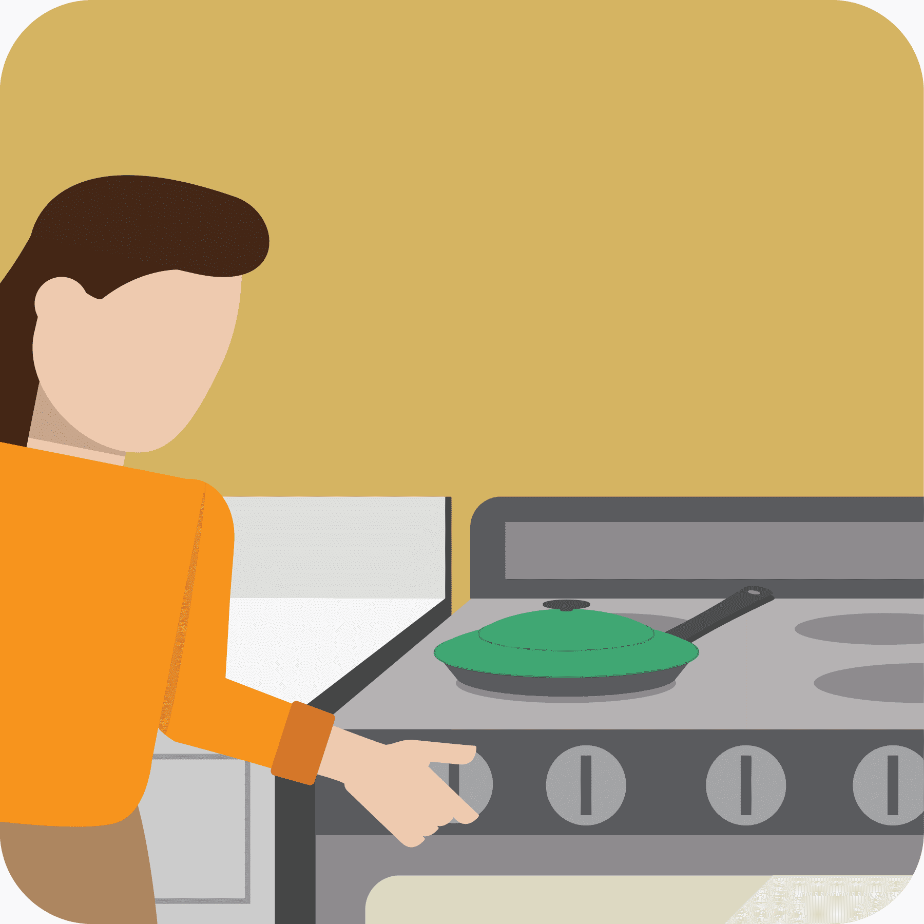 Woman turns off stove burner.