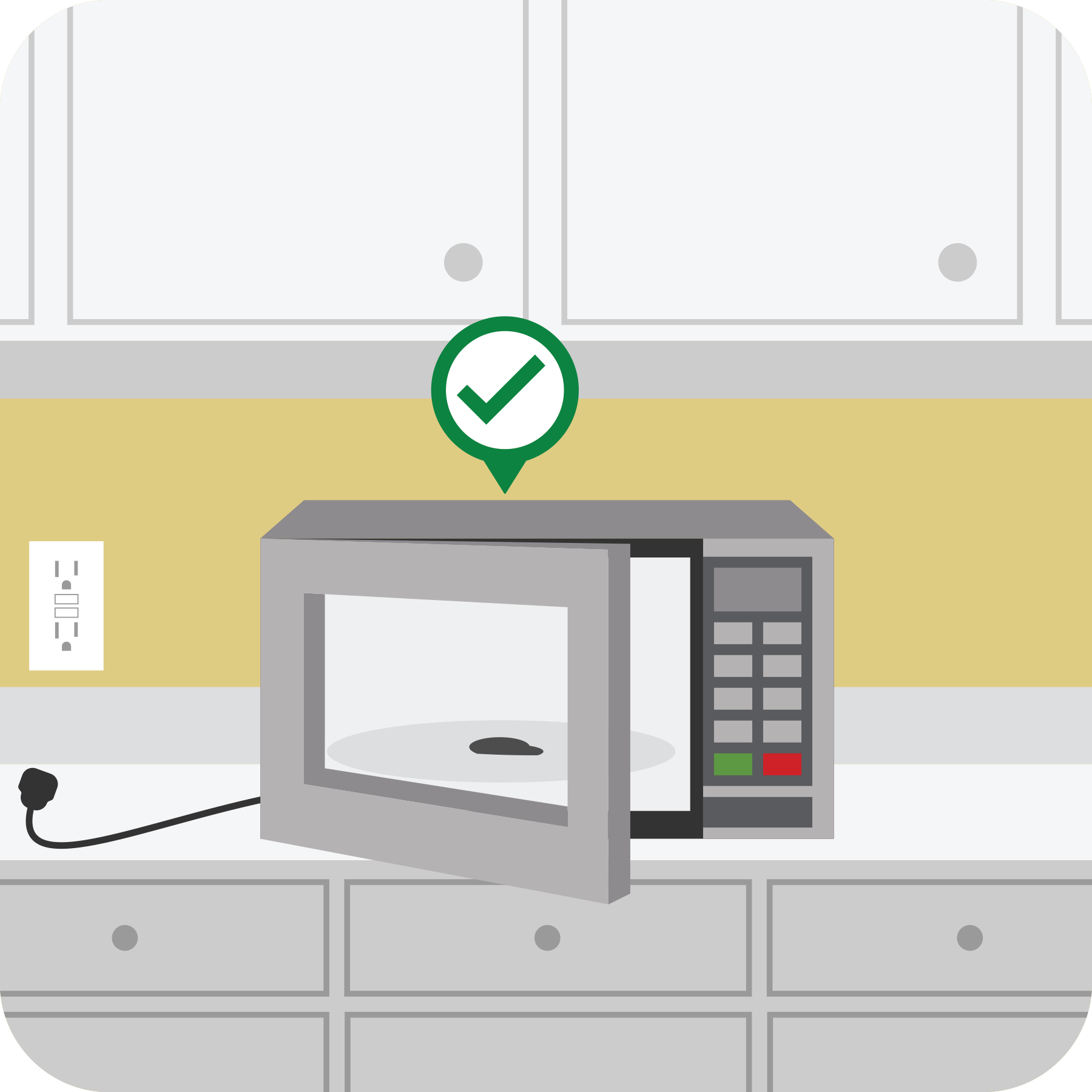 Microwave open when food is cooled with a green check. 