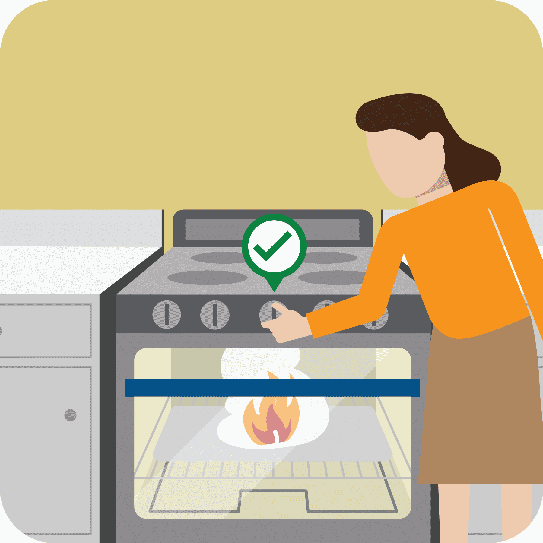 Fire in an oven. Woman turns off the oven.