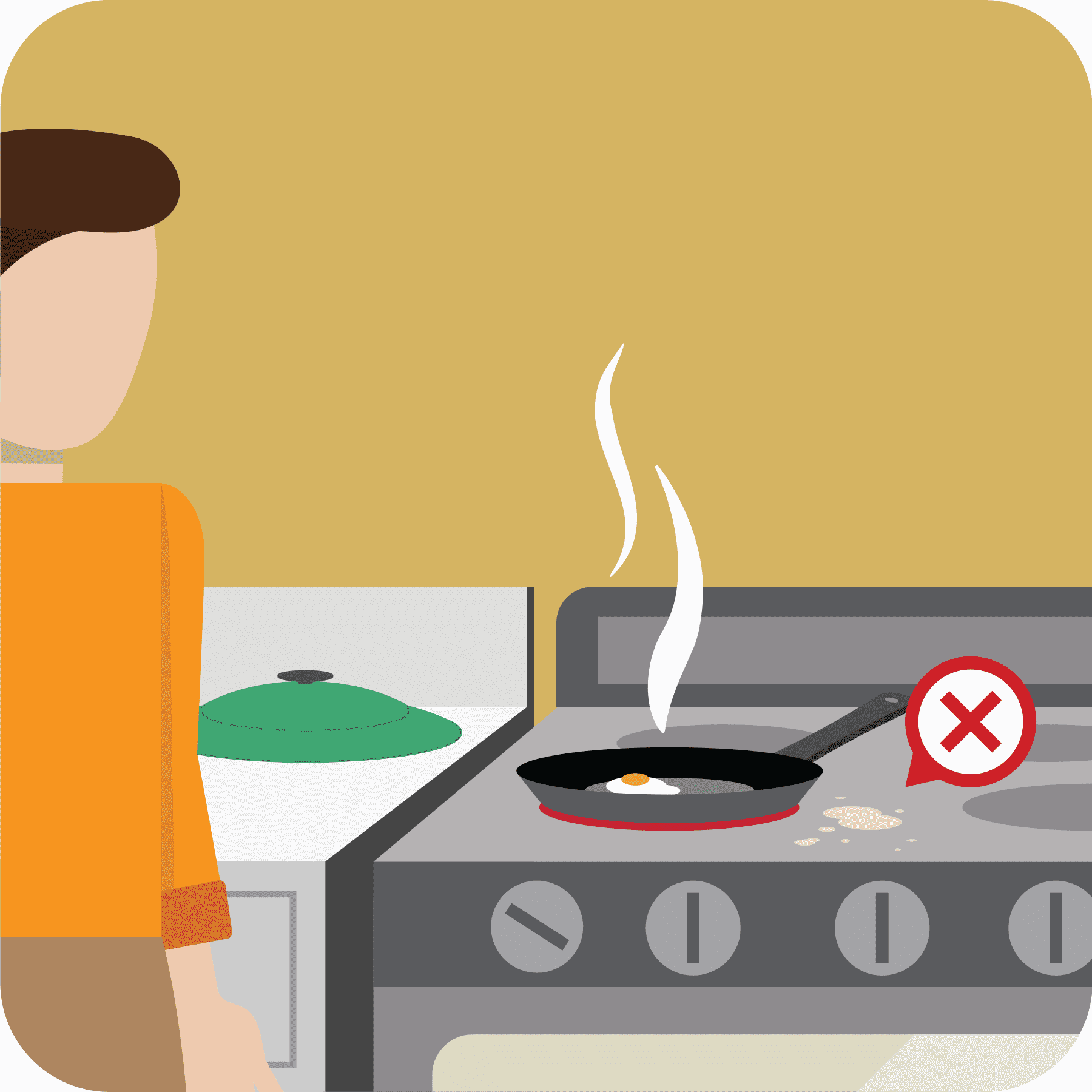 A woman spills food next to a pan cooking food. Red x over the stove.