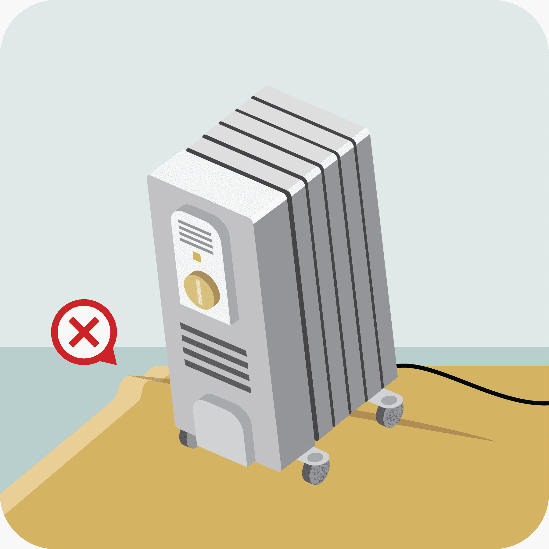 Heater on uneven surface with red x by the heater.