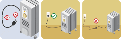 Heater should not be used with frayed cord or bent prong. Heater plugged into wall and not into extension cord.