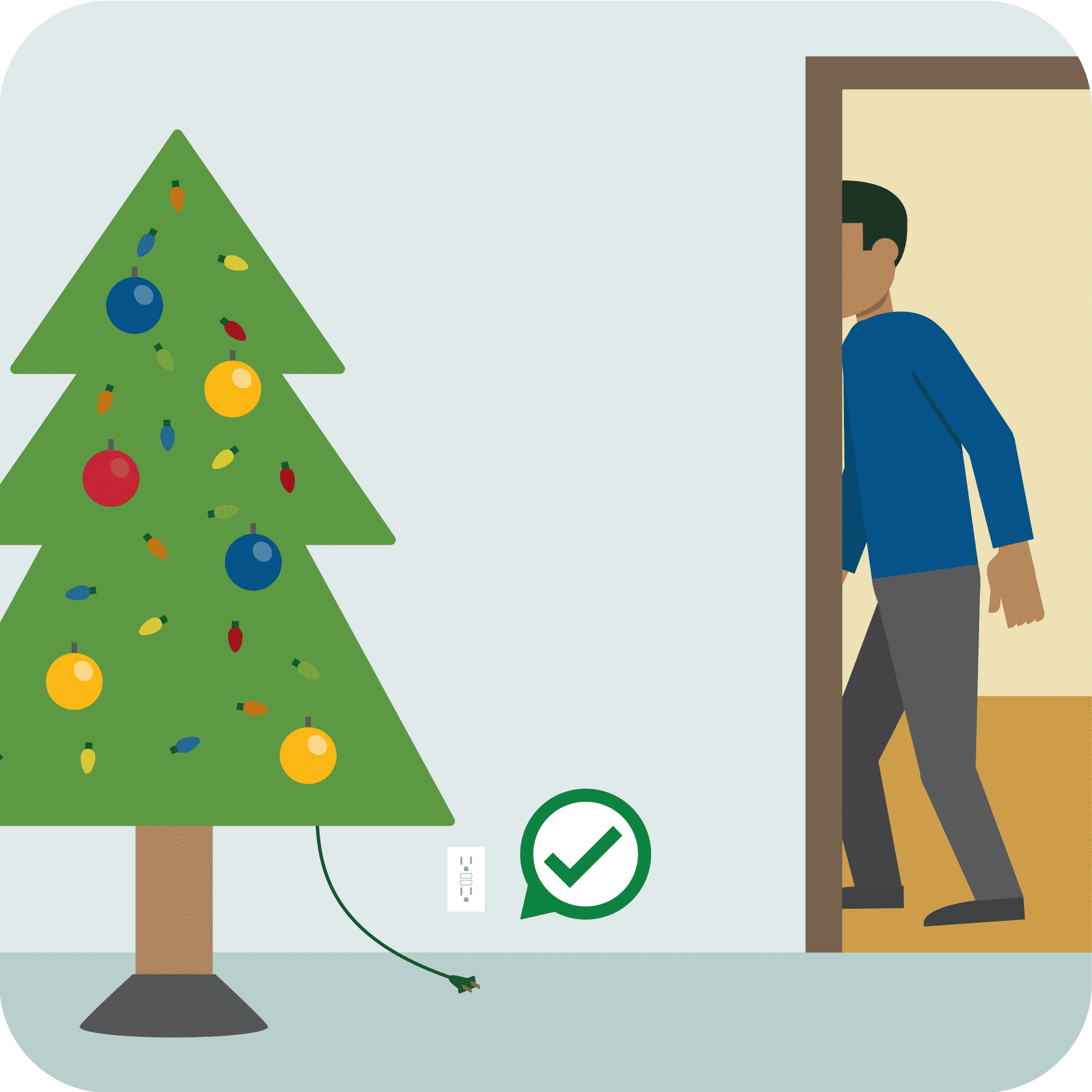 Man unplugs lights before leaving the room.