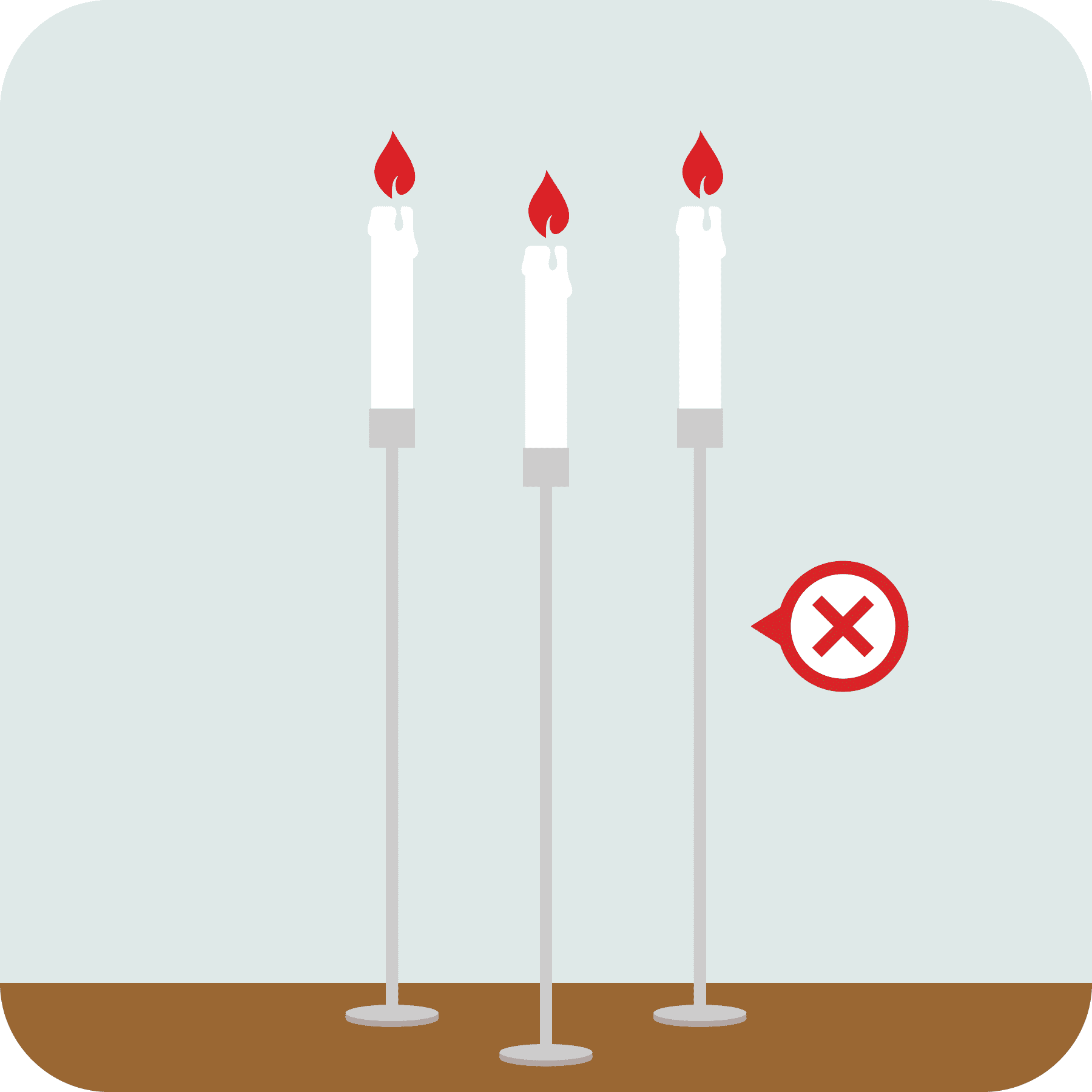 Three candles in tall slim holders with red x.