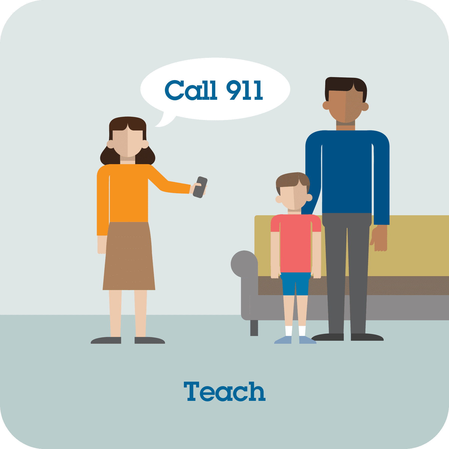 Mother with phone teaching son how to call 911.