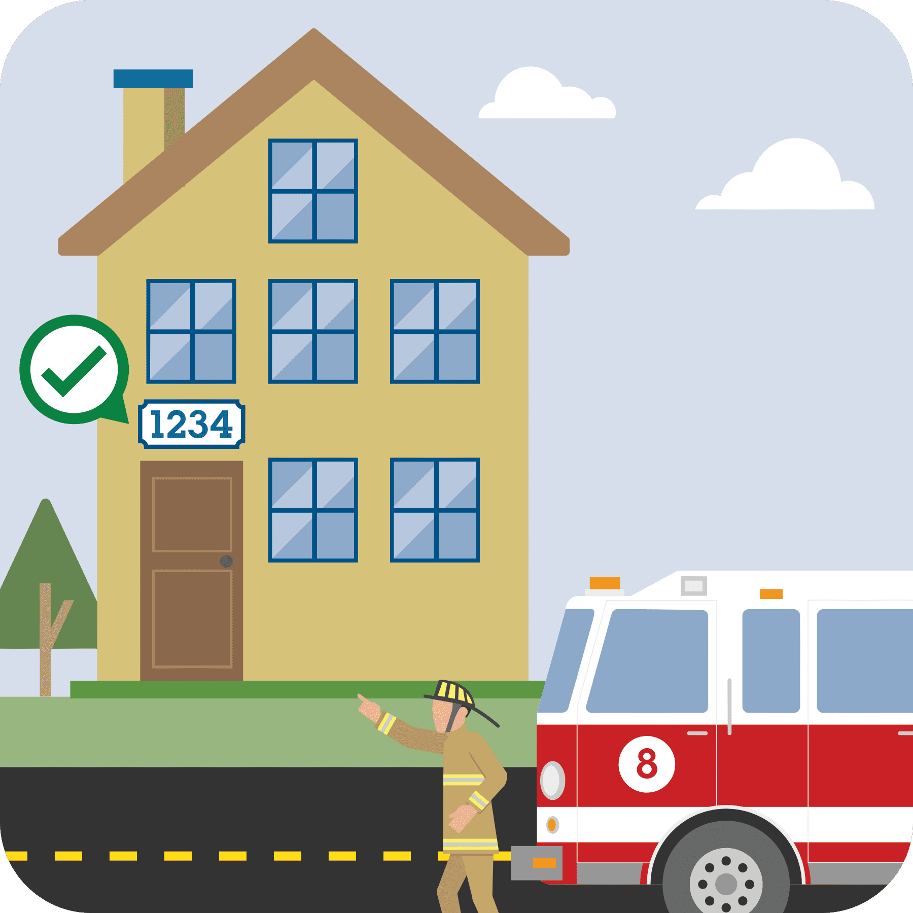 A firefighter pointing to a visible number on a house.