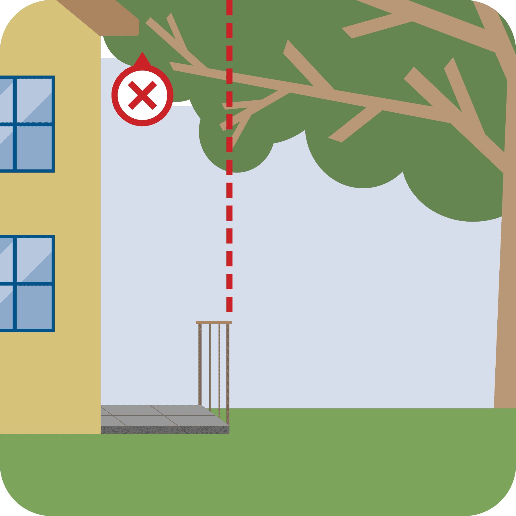 Red line to show tree branches touching the house is not good.