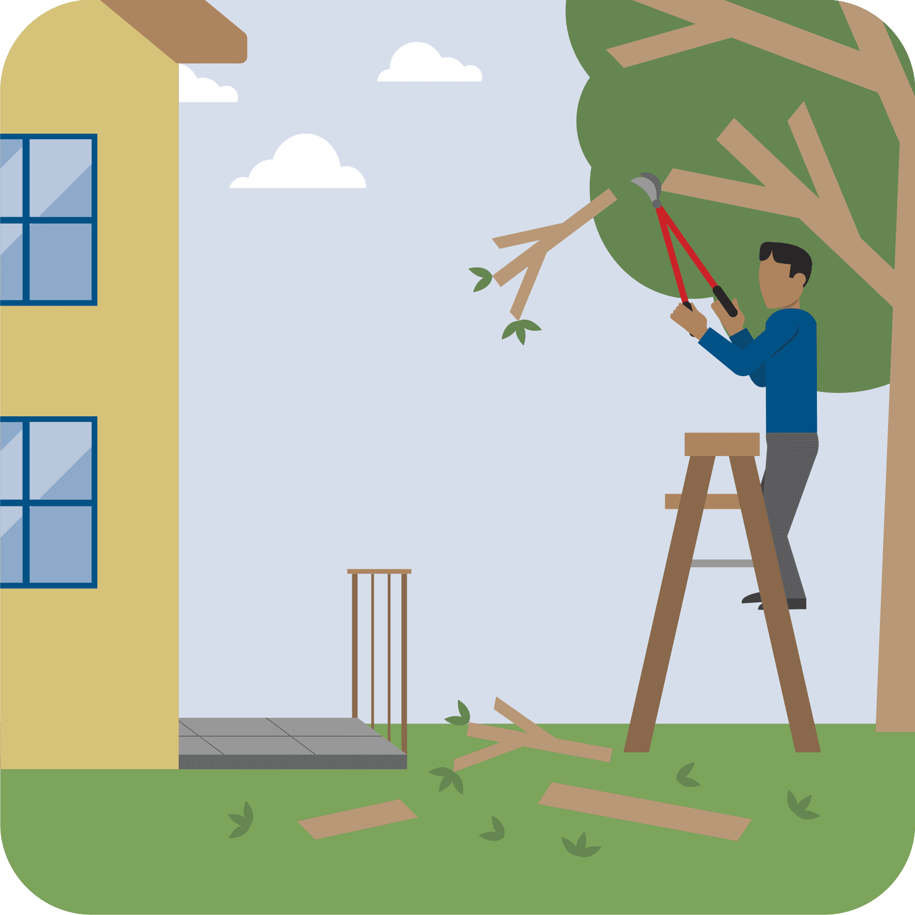 A man on a ladder trimming the branches touching the house.