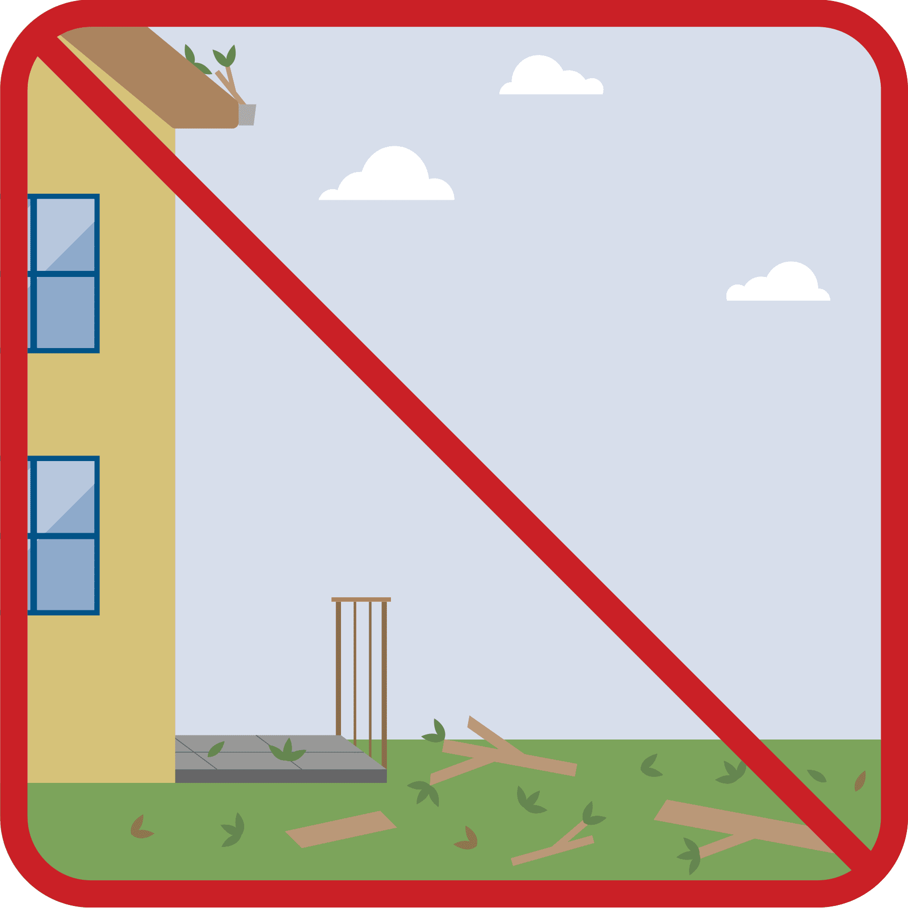 Tree limbs and leaves in the eaves of a house and on the ground with a red line across the picture.