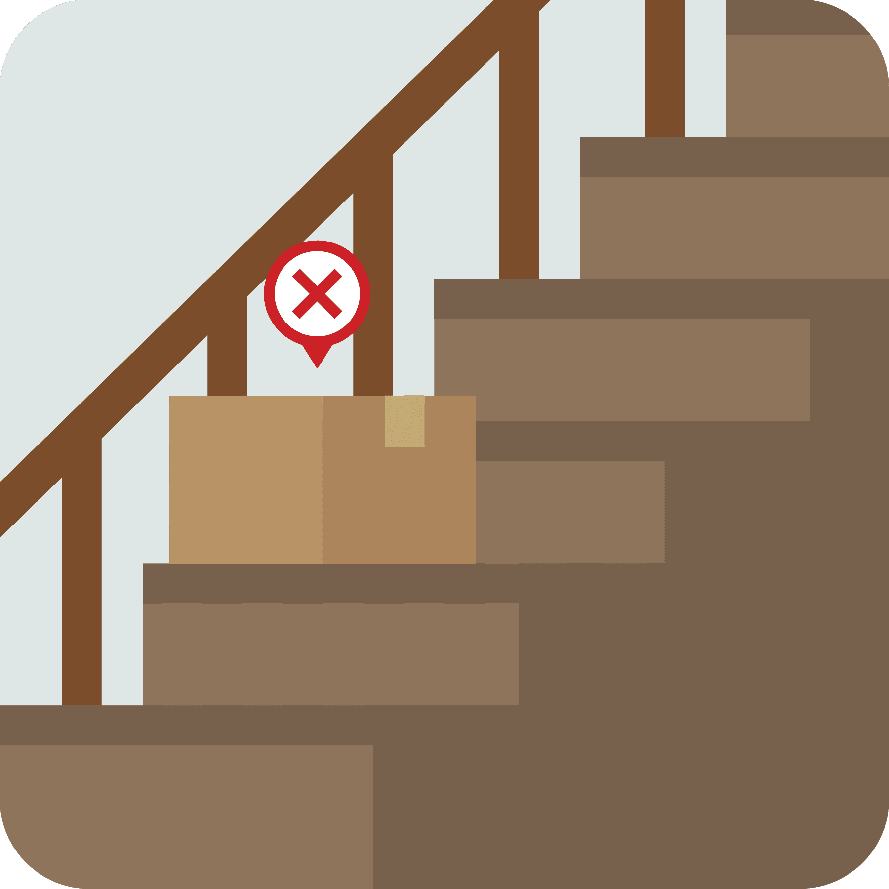 Box on a stairway with a red x.