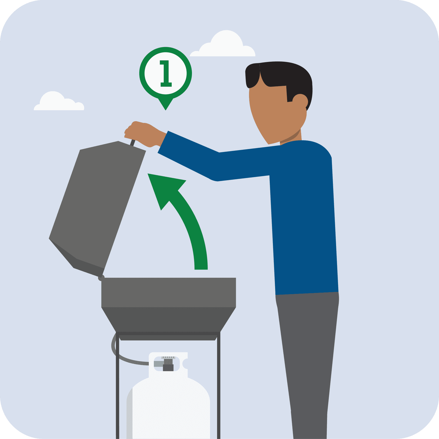 Man standing in front of a grill. He opens the lid and a green number 1 appears.