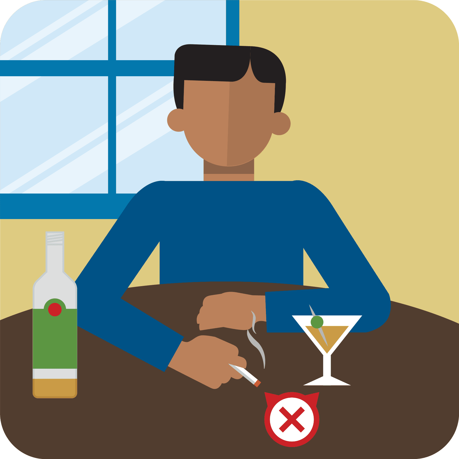 Man smoking a cigarette and drinking alcohol.