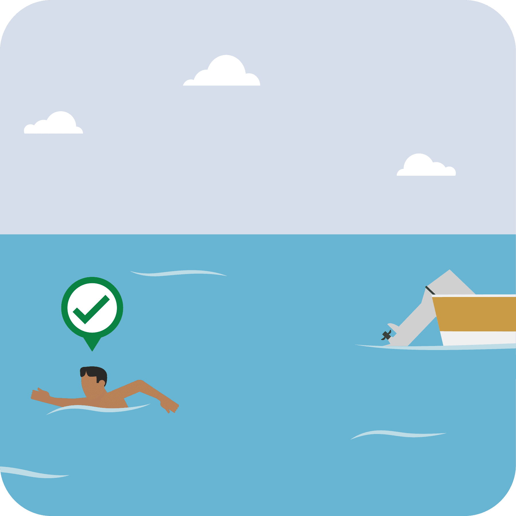 A man swimming away from a boat in the background.