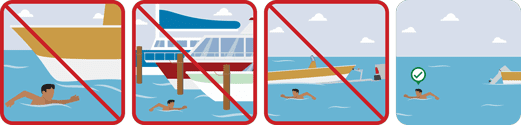 Pictograph: Never swim near a boat, marina or boat launch.