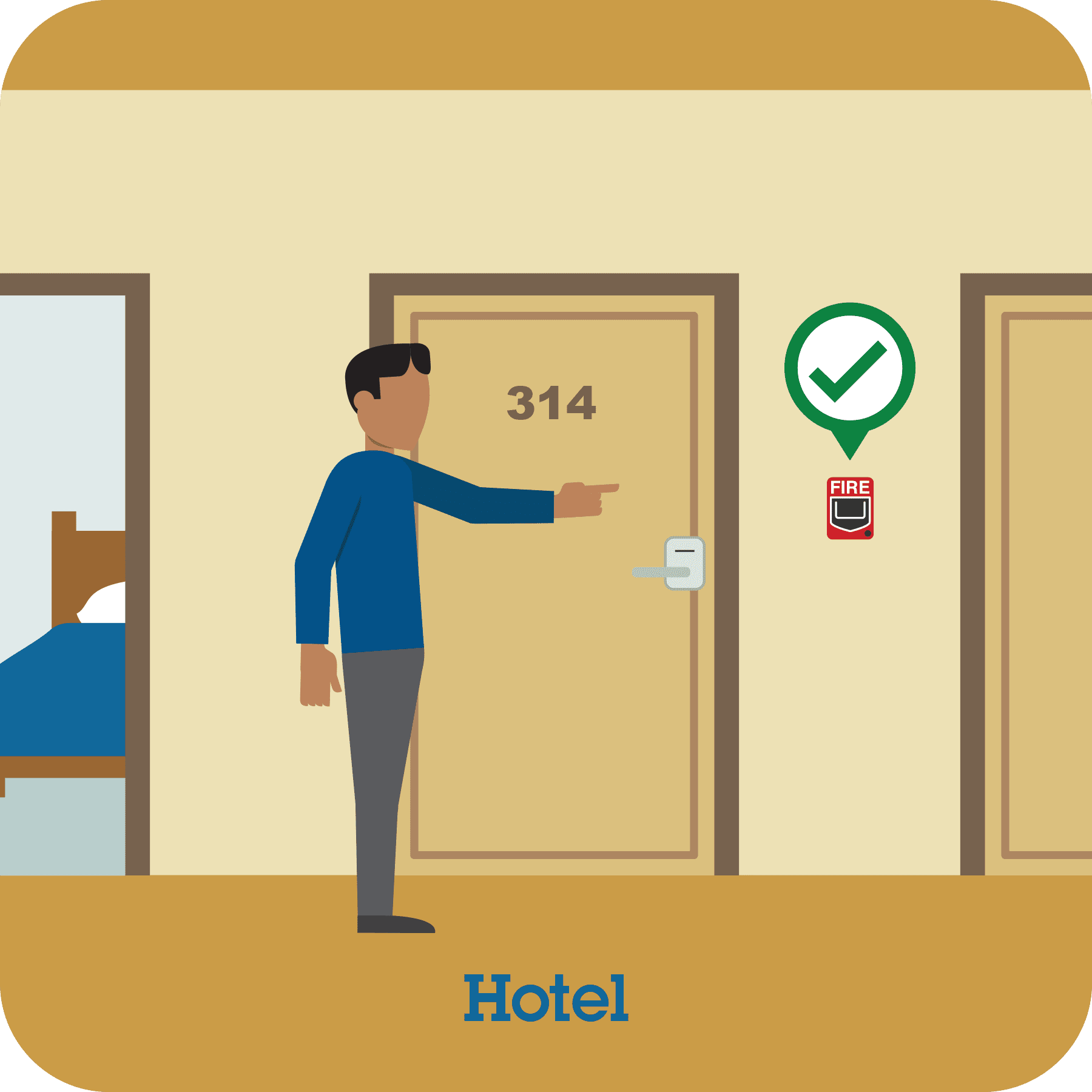 This pictograph shows a man finding a fire alarm on his hotel floor.