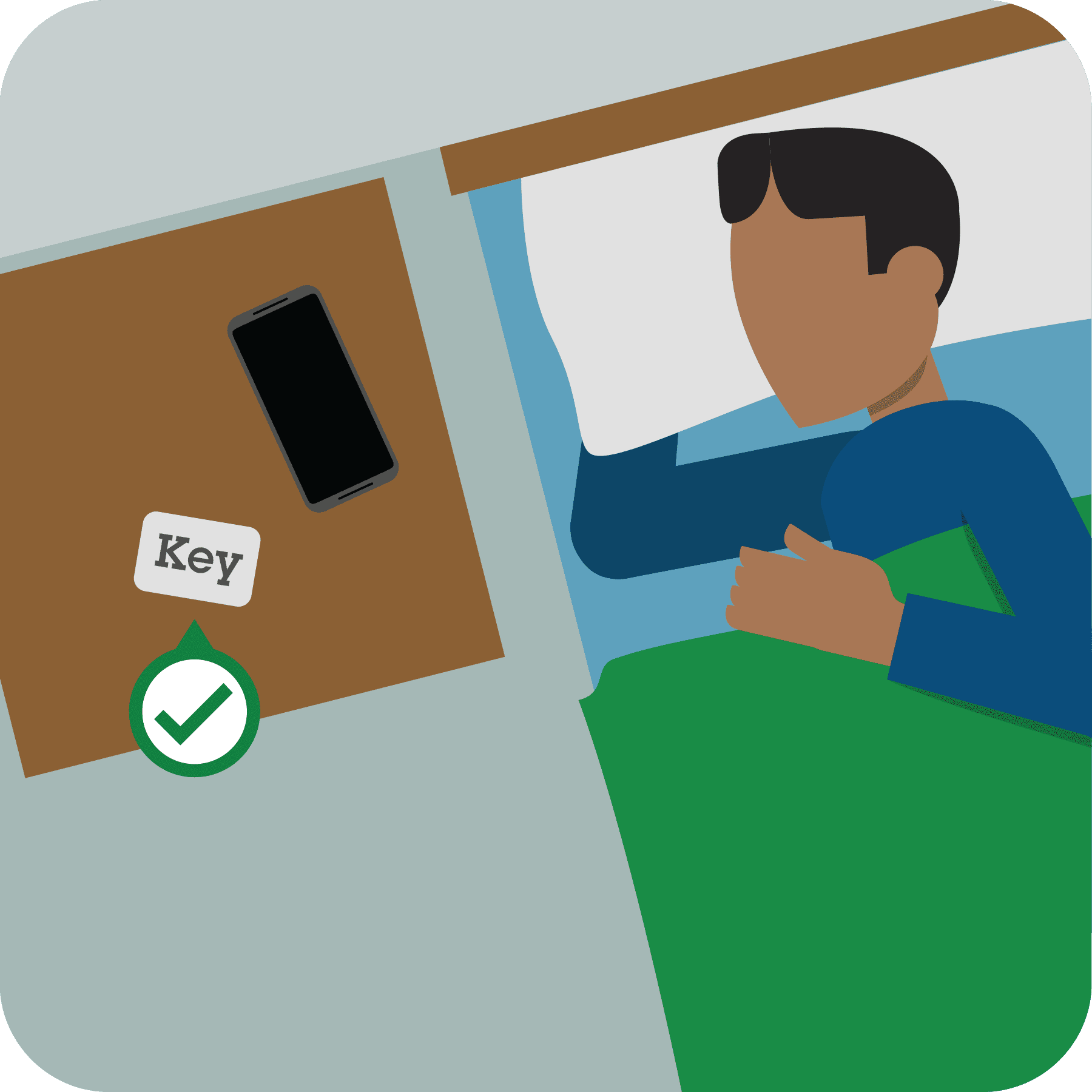 Man sleeping with hotel room key on his night stand.