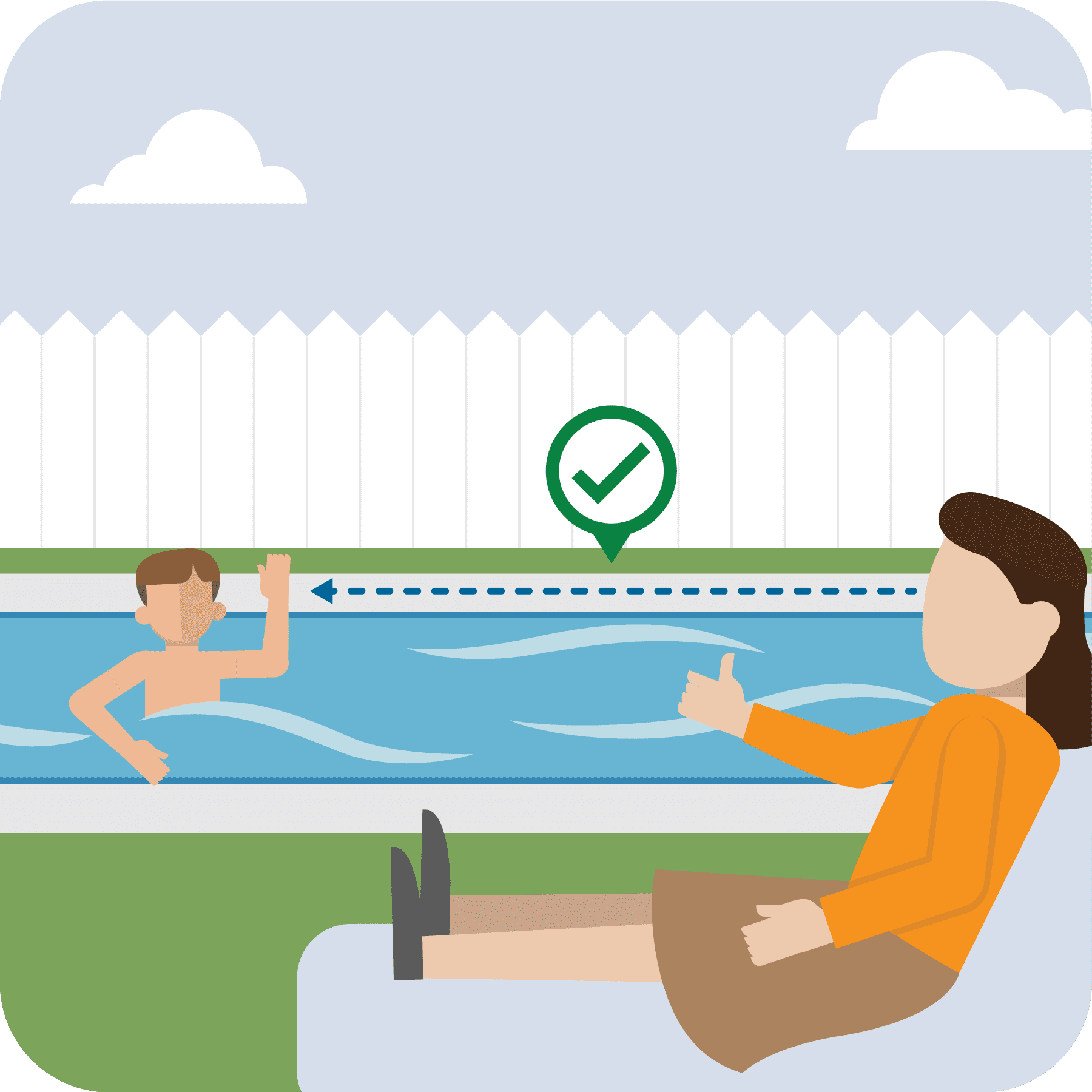A woman sitting on a pool chair watching the child in the pool.