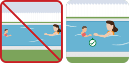 This pictograph shows an adult and a preschooler in a pool.