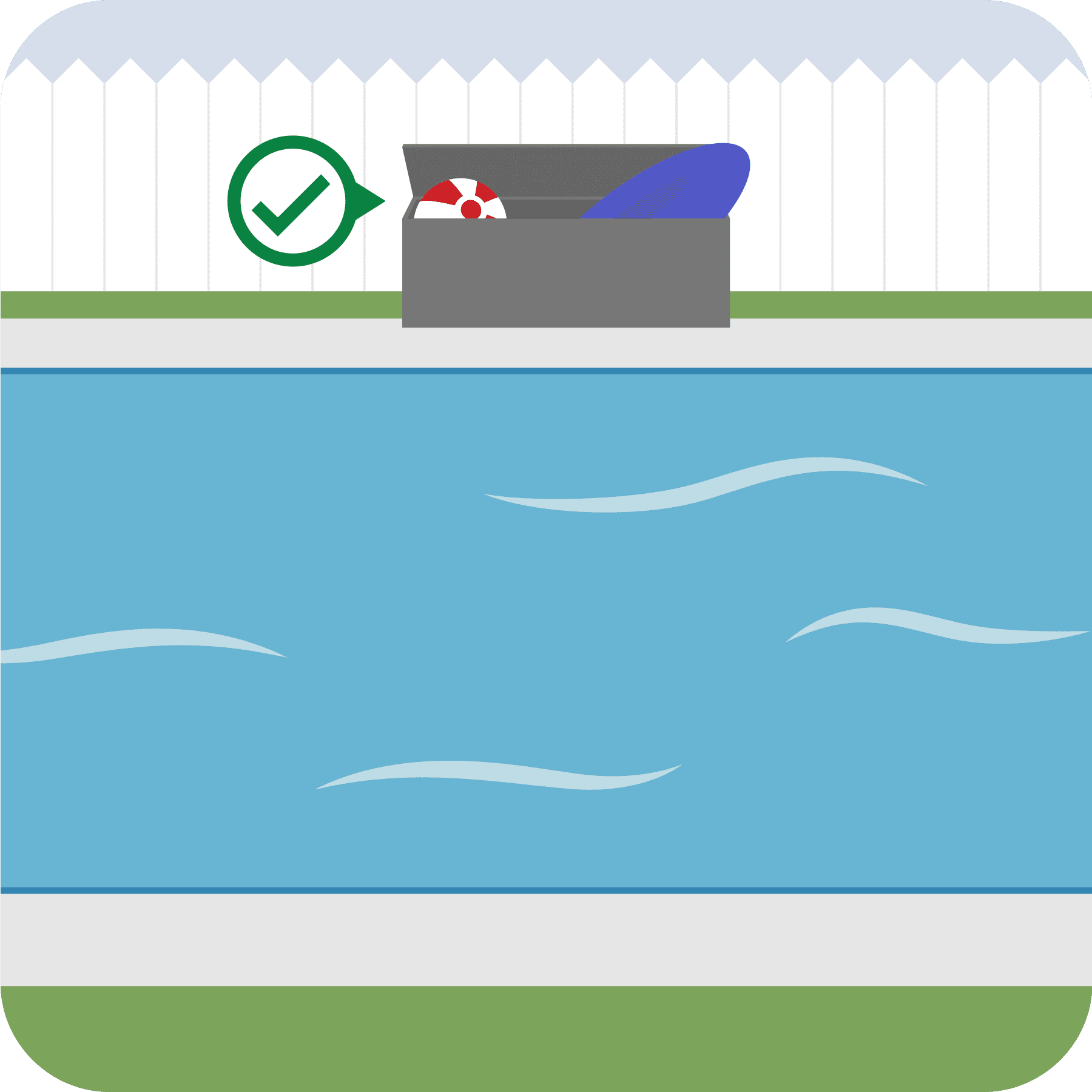 The float and ball are in a chest beside the pool with a green check.