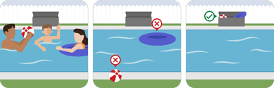 Pictograph: Keep pool deck clear of floats and toys.