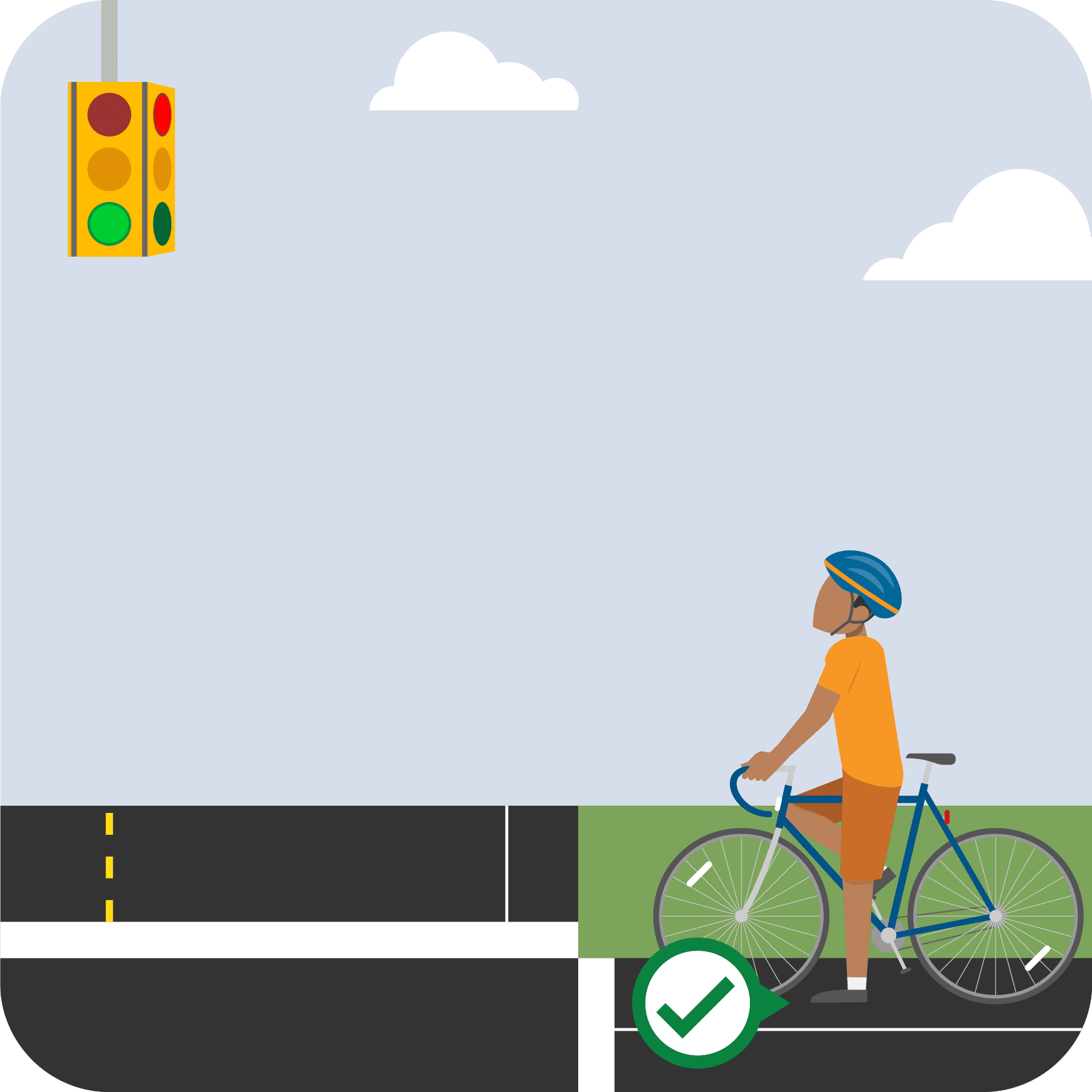 Bicyclist at traffic light.