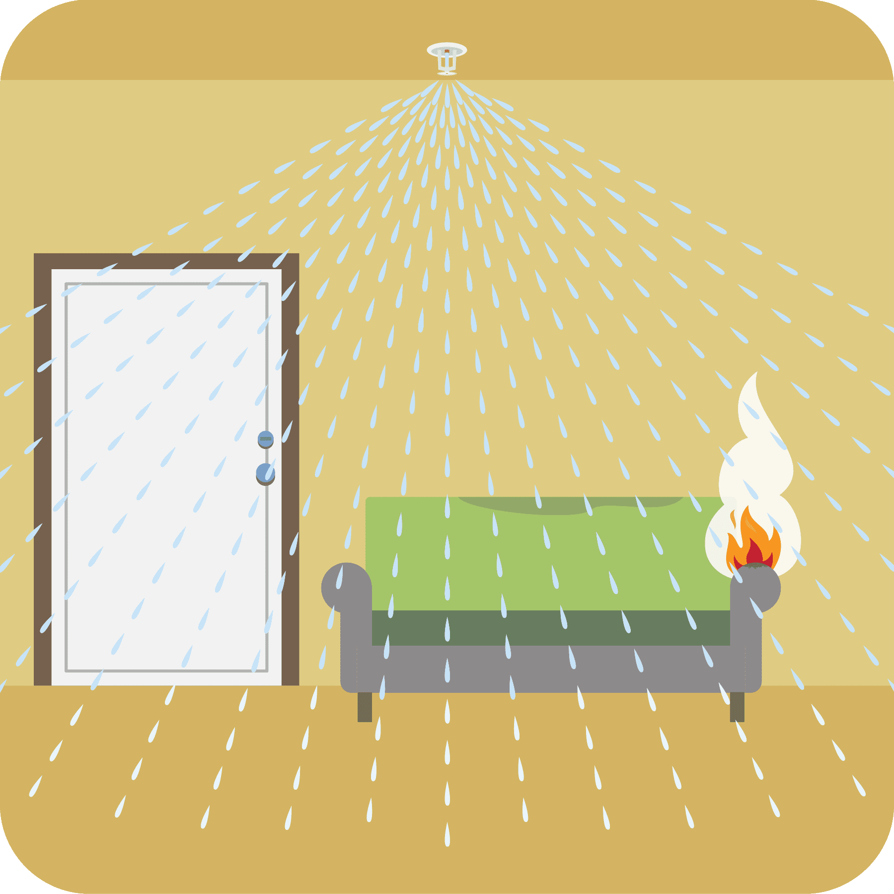 The sprinkler activates and sprays water on the couch and surrounding area.