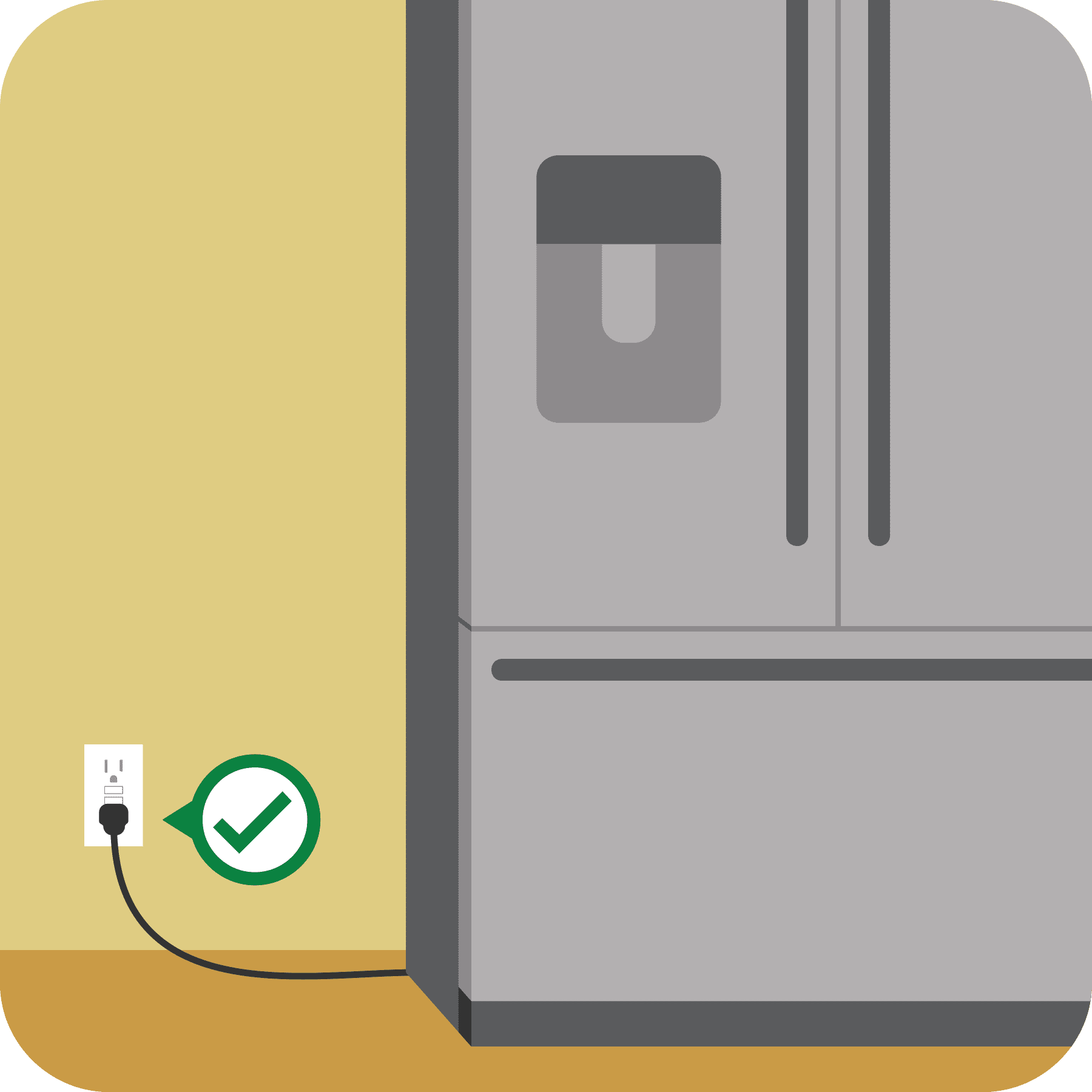 A refrigerator is plugged into a wall outlet. A green checkmark is over the outlet.