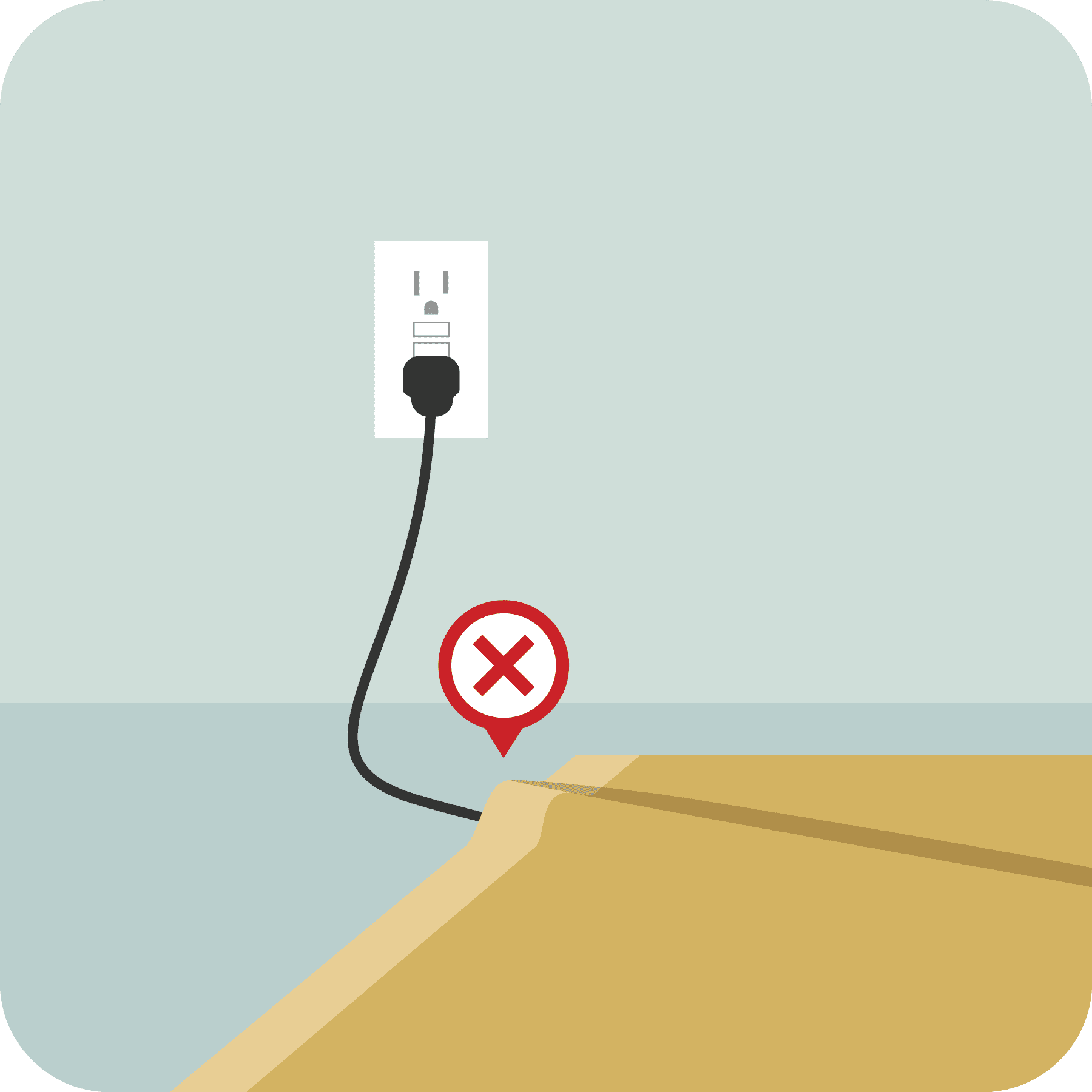 An electrical cord is shown under a rug with a red x above it.