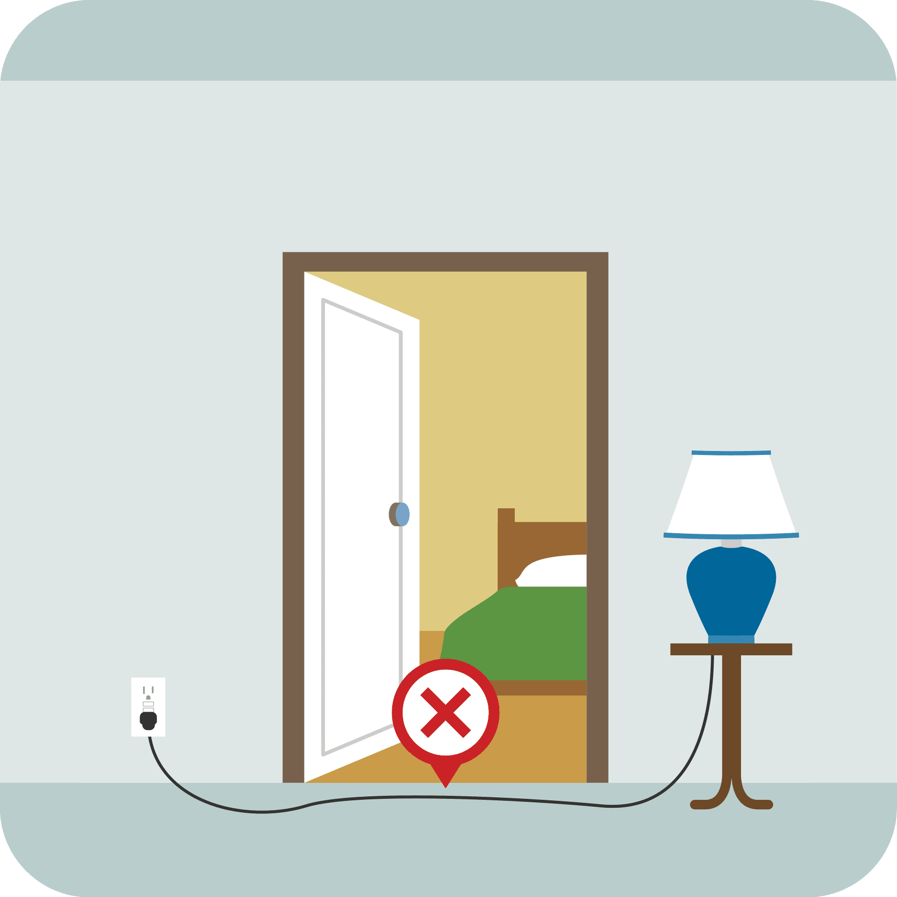 An electrical cord is in front of a doorway with a red x above it.
