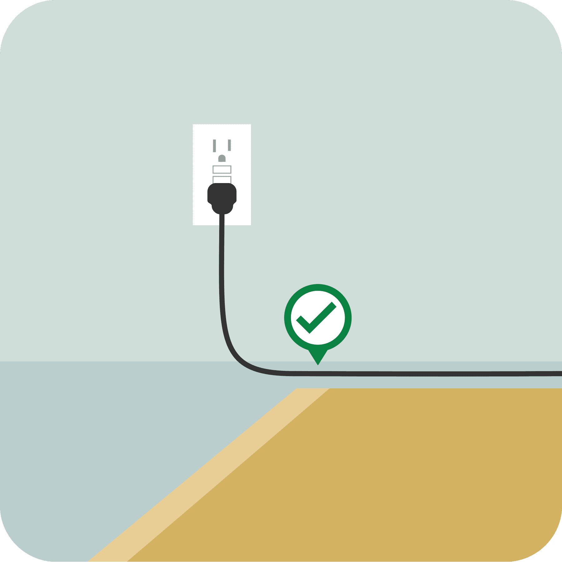 An electrical cord is away from a rug with a green checkmark above it.
