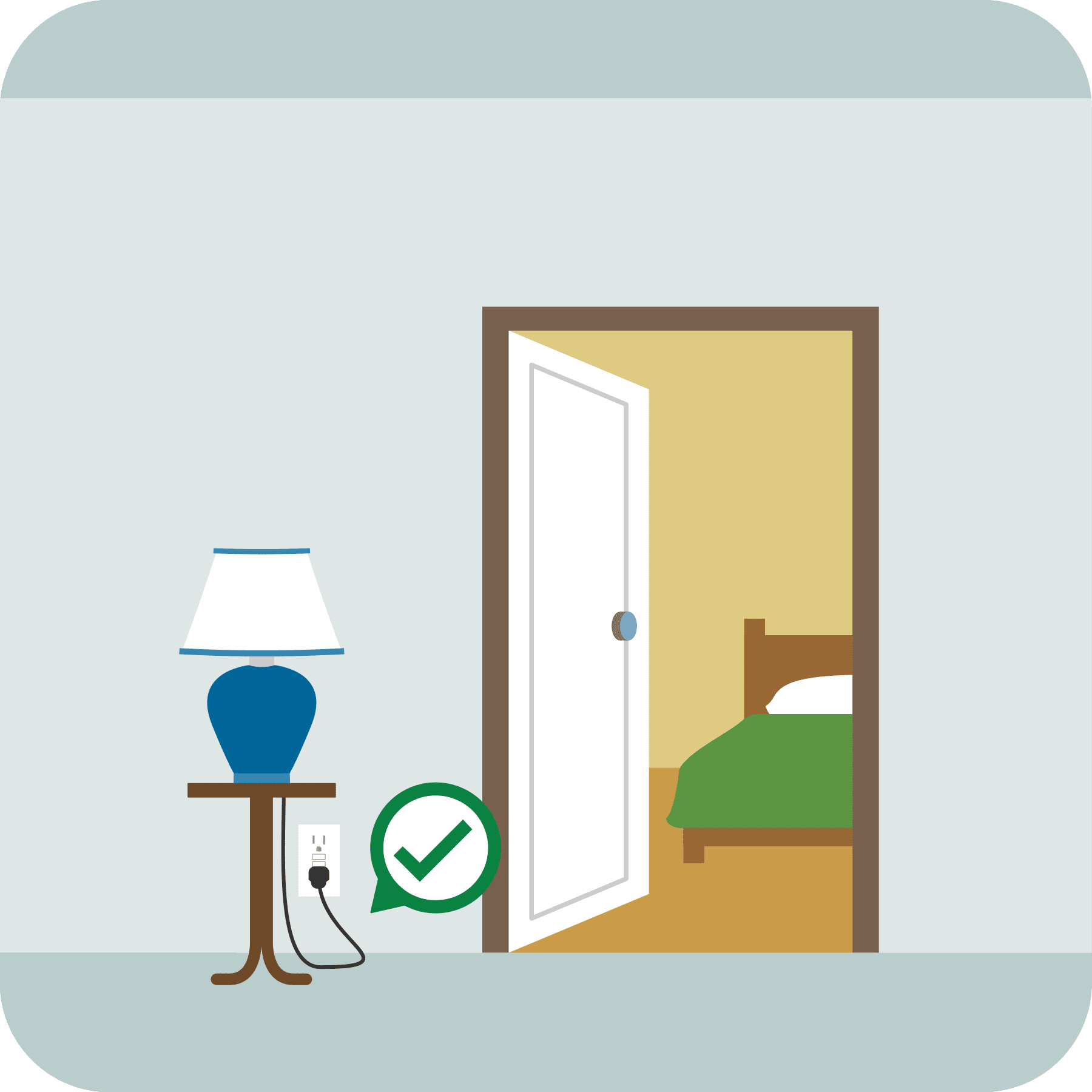An electrical cord is away from a doorway with a green checkmark above it.