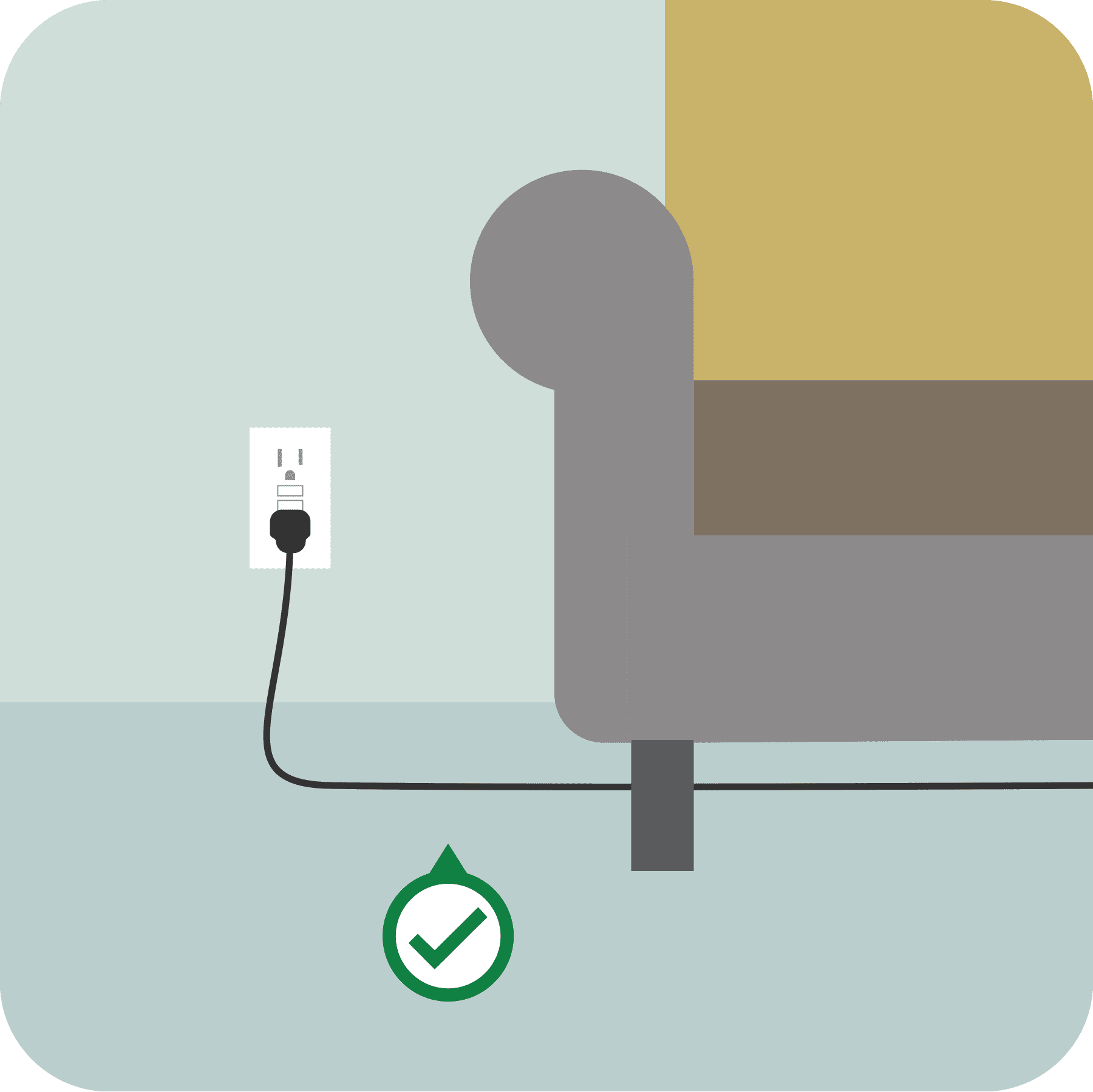 An electrical cord is out from under a sofa leg with a green checkmark above it.