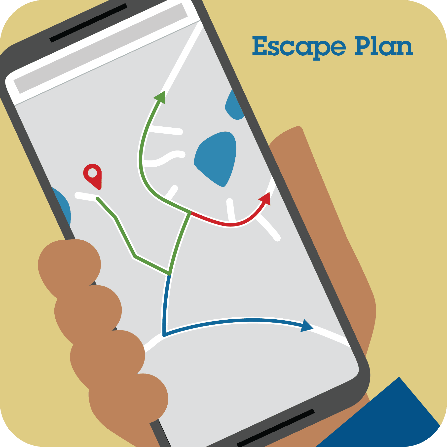 A mobile phone showing a map with an escape route.
