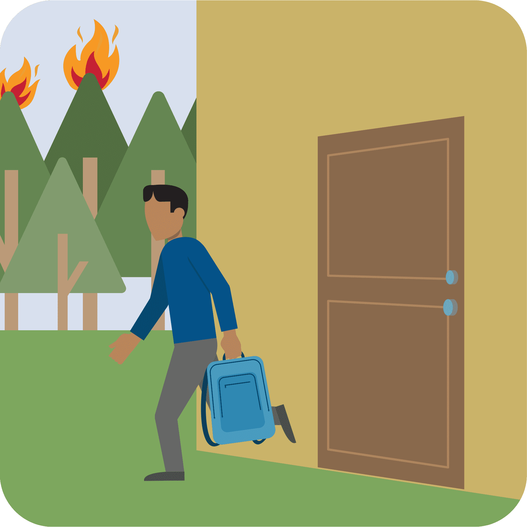 A man leaving his home with his prepacked kit with a wildfire in the background.