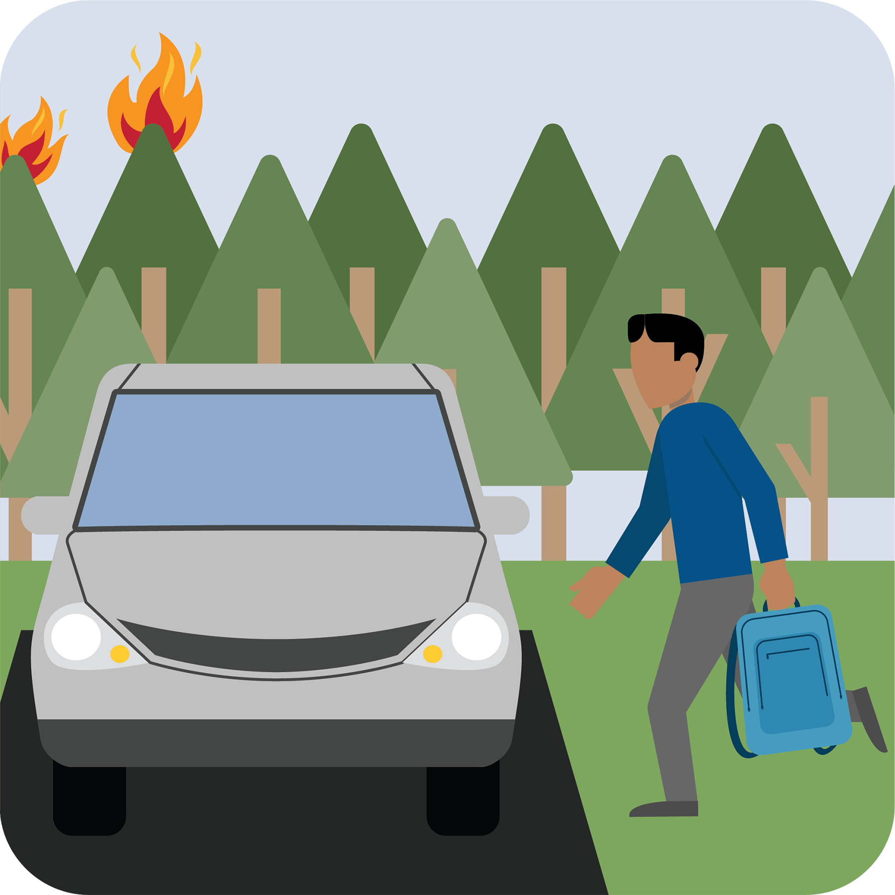 A man getting into his car with a wildfire in the background.