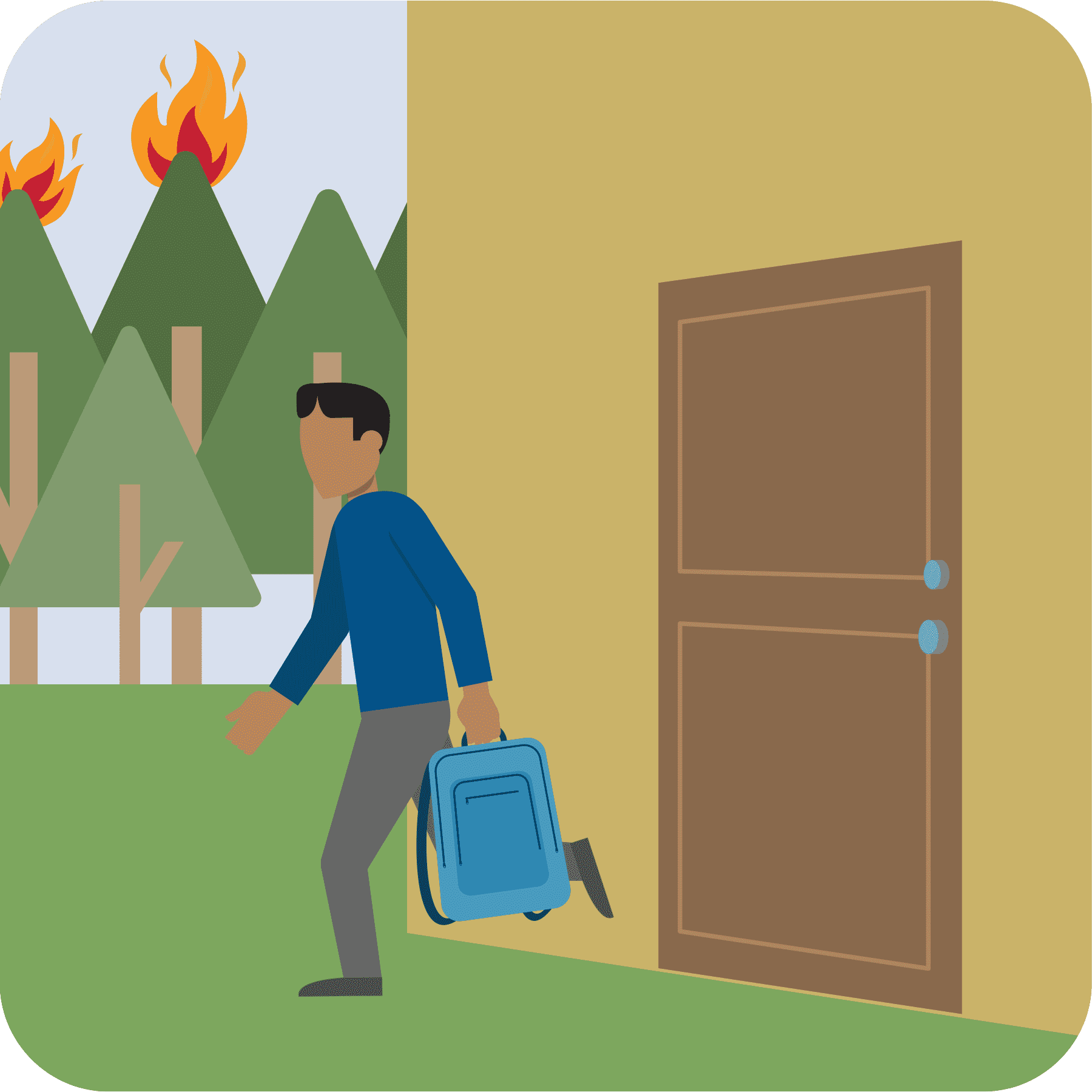 A man is shown leaving his house with a kit. A wildfire is shown in the background.