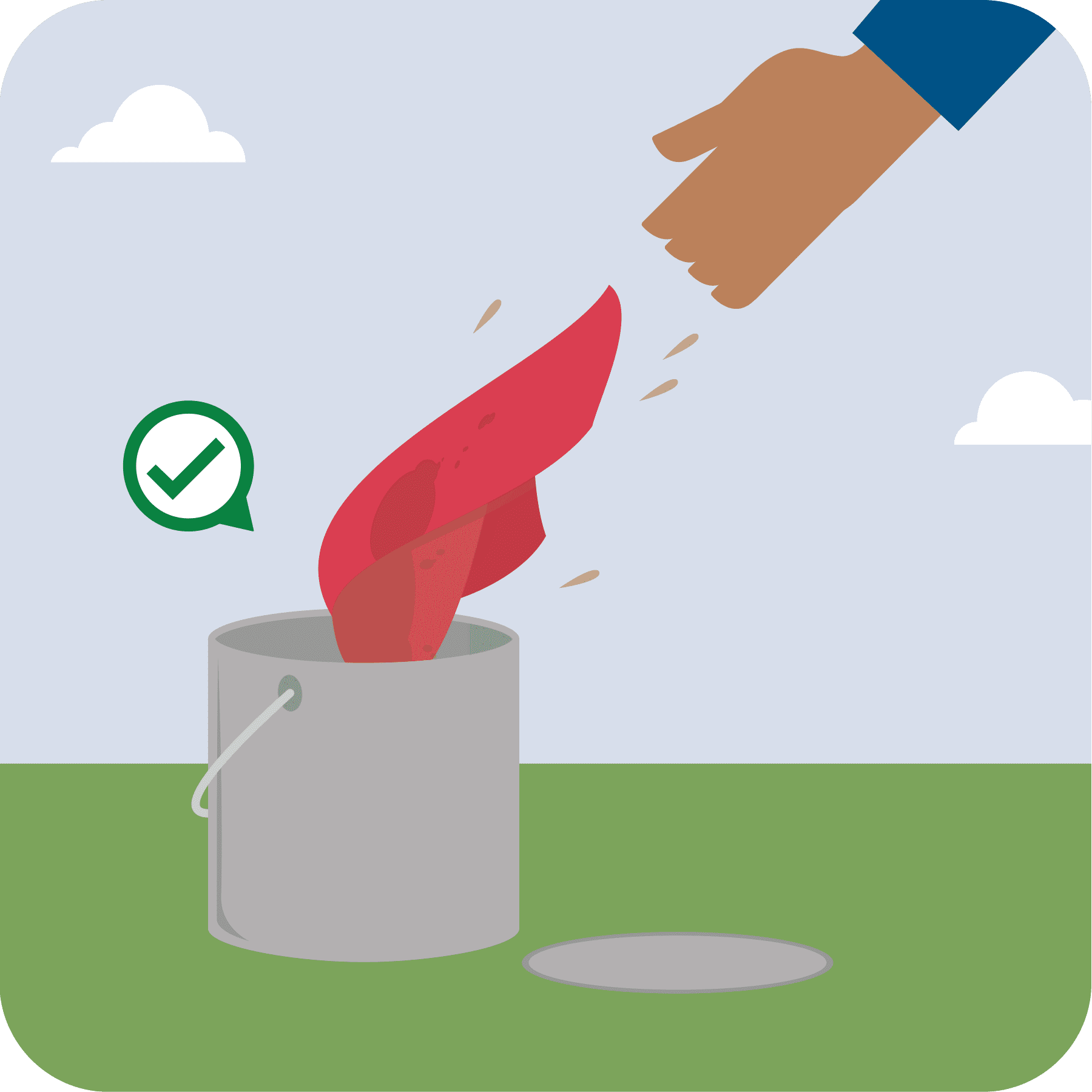 A person is throwing away a rag soaked with flammables into a metal container. A green checkmark is displayed.