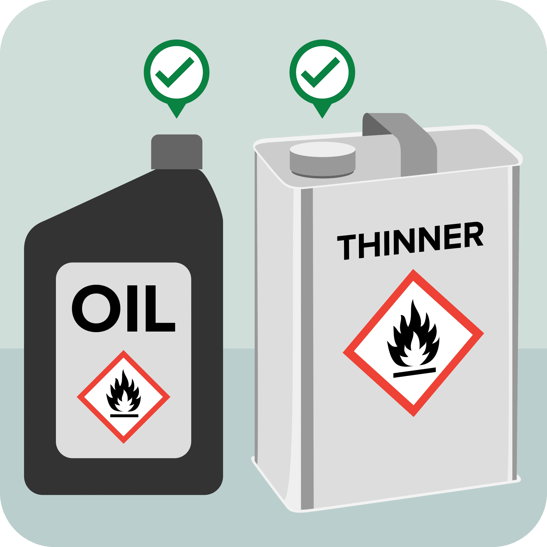 Sealed containers of oil and paint thinner with green checkmarks above each.